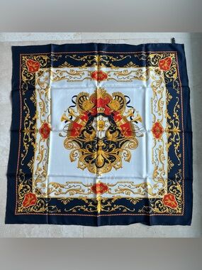 Vintage Italian 100% Silk Square Scarf Baroque Crest in Navy, Gold & Red